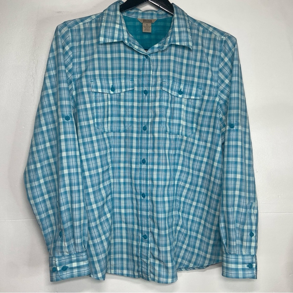 Duluth Trading Co Plaid Long Sleeve Shirt Women’s XL Button Down Blue White